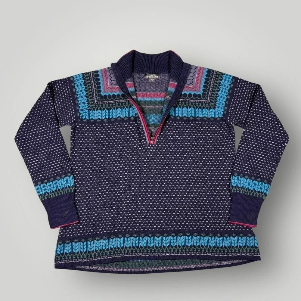 Eddie Bauer Sweater Tunic Womens Large Blue‎ Fair Isle 1/4 Zip Mock Neck Knit